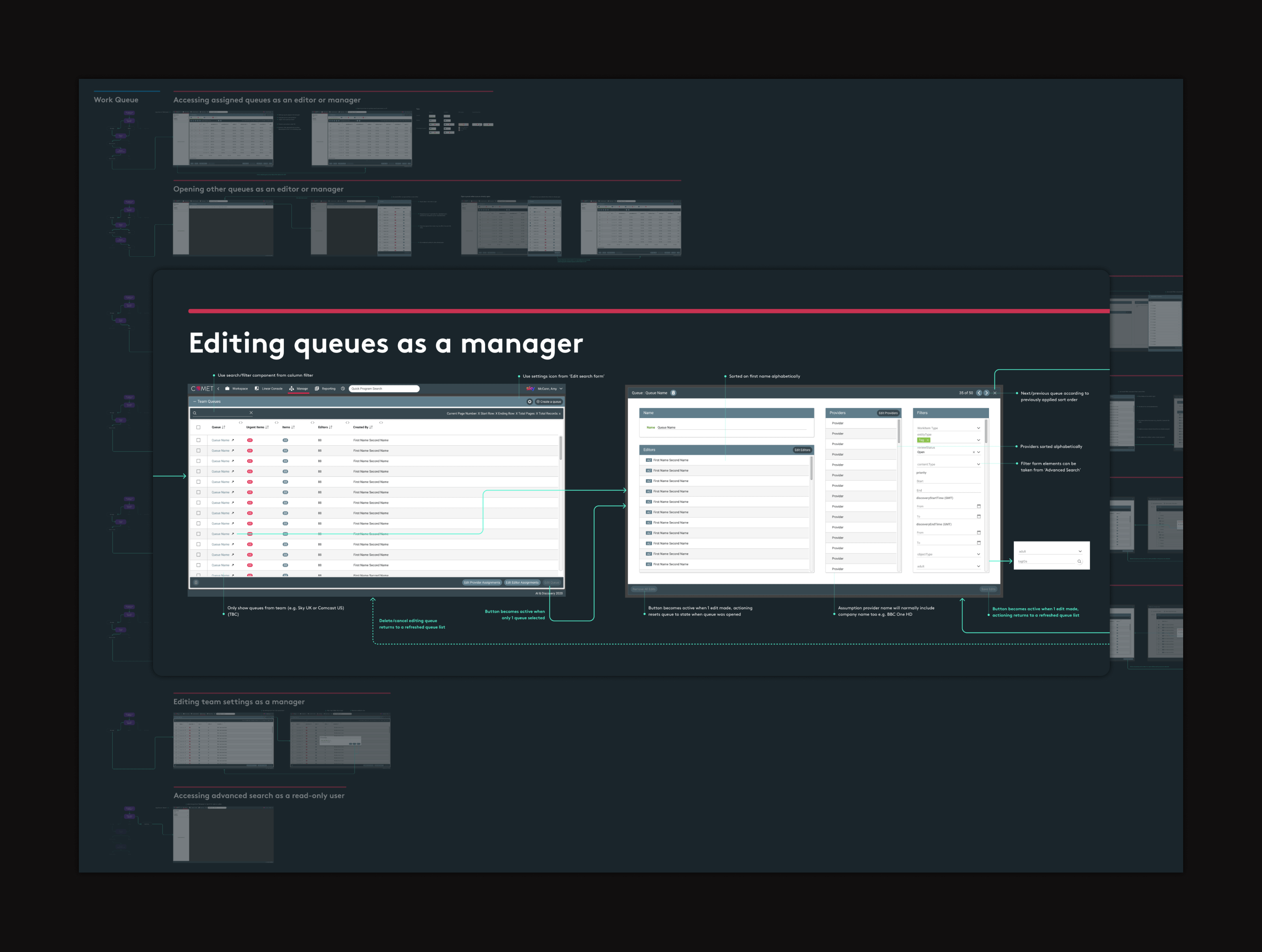 Sky & Comcast Work Queue manager setup interface showing backstage flows